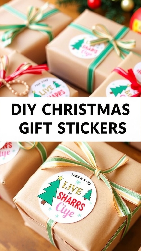 DIY Christmas Gift Stickers A collection of colorful DIY Christmas gift stickers on wrapped presents with festive decorations.